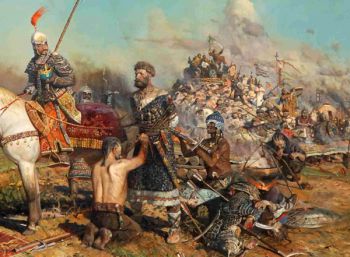 Фрагмент картины Павла Рыжова «Калка», 1996 г. /Из описания картины: В XIII веке из-за раздробленности, непреклонной гордыни и тщеславия князей была разбита по частям русская рать, а пленные были брошены монголами под настилы для пирующих.
Могучий спутанный паутиной веревок, словно страстями и грехами, христианский князь осознаёт свою ужасную ошибку и её последствия.